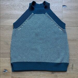 LOFT Teal Blue and White Knit sleeveless Sweater